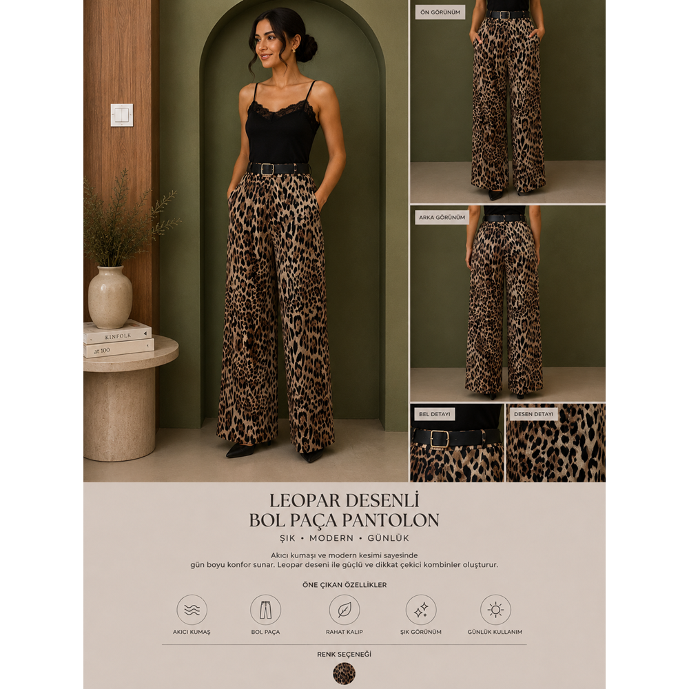 Saten Leopar Bol Kalıp Pantolon