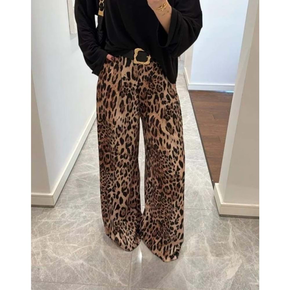 Saten Leopar Bol Kalıp Pantolon