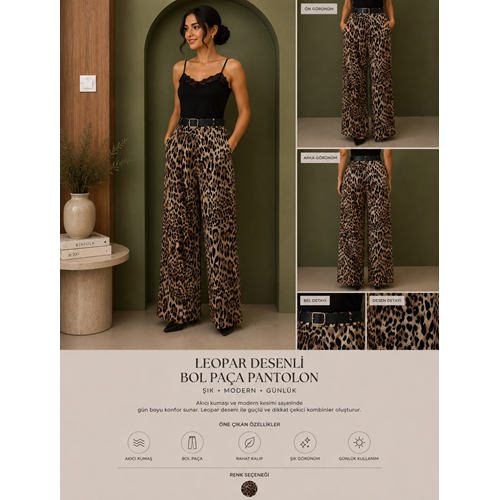 Saten Leopar Bol Kalıp Pantolon